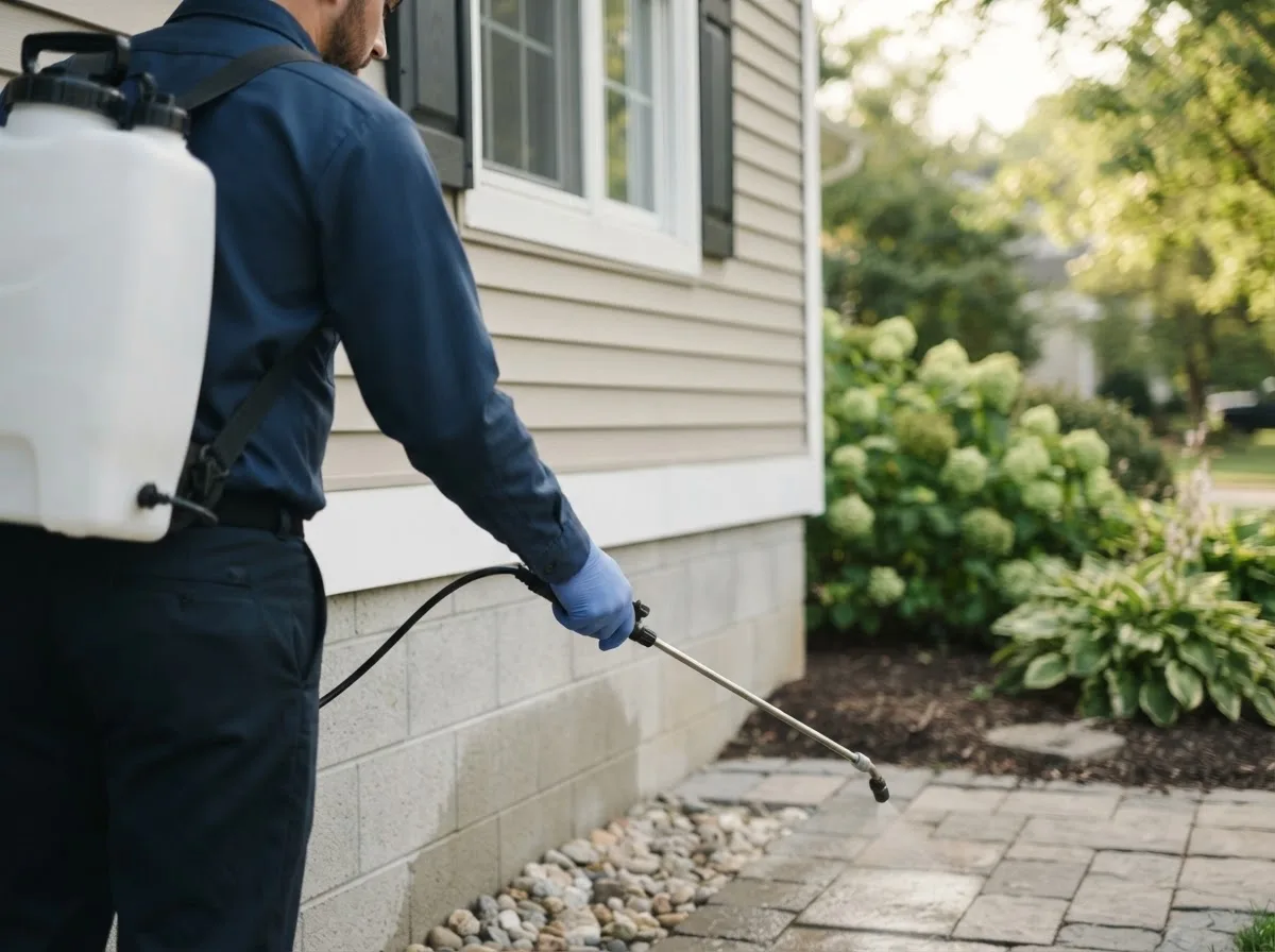 Pest control technician inspecting a home in Tad, WV